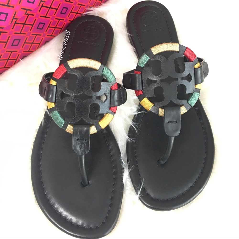 {Tory Burch} RARE Black Embroidered Miller Sandals - Picture 2 of 6